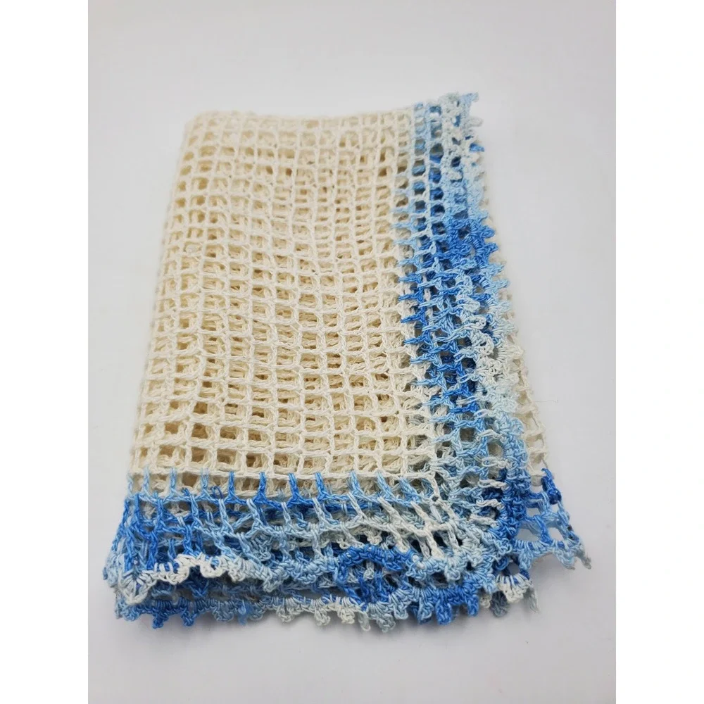 Vintage Filet Crochet Table Runner or Doily- Blue Scalloped Border 12x18
